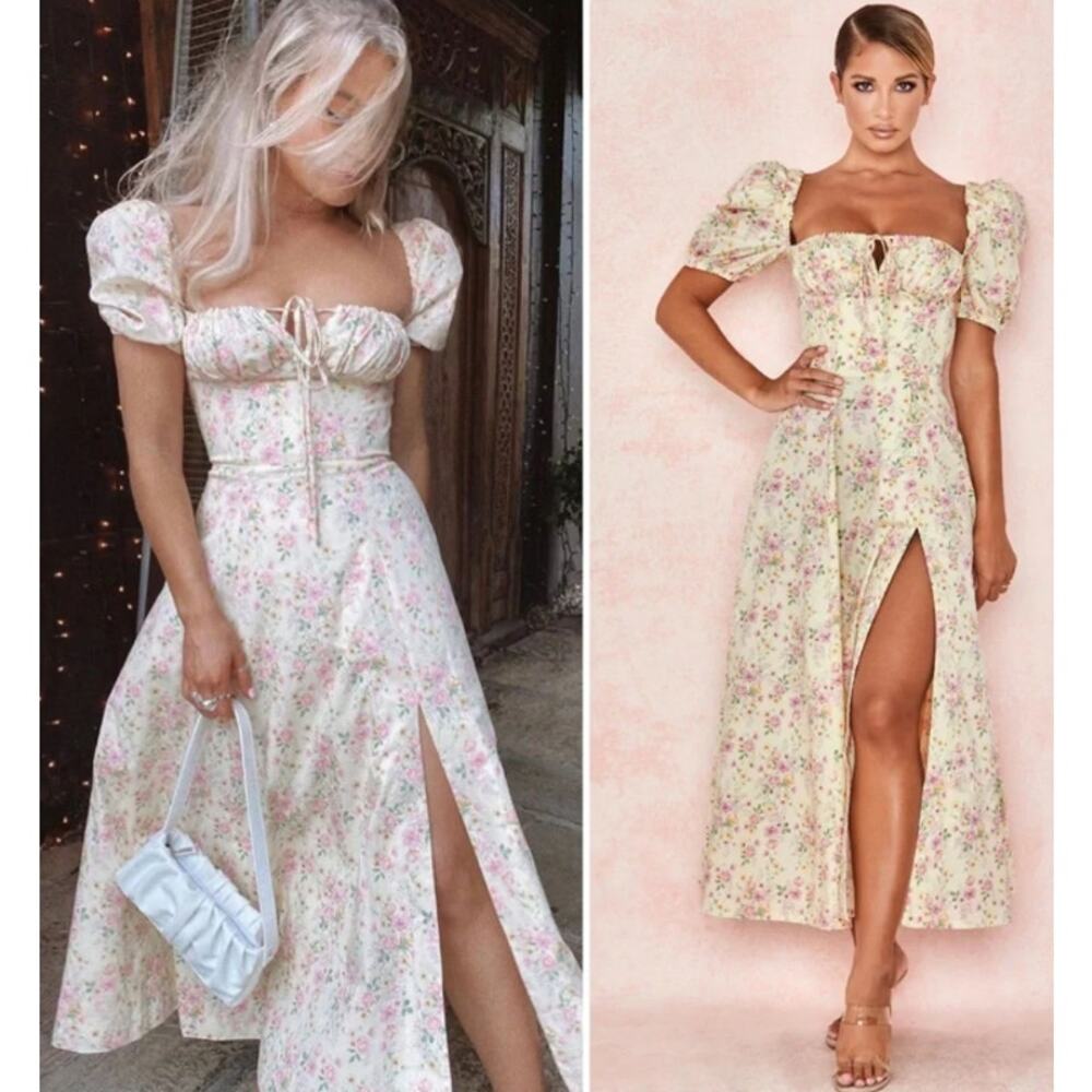 House of CB Tallulah Lemon Floral Puff Sleeve Midi Dress Sundress Cottagecore - Picture 3 of 15